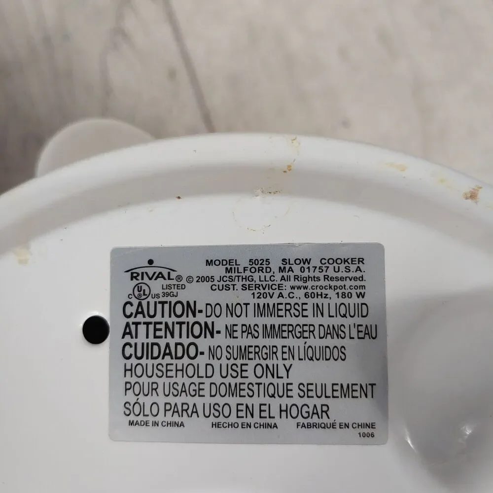 Rival Crock Pot Model 5025 - 2.5 Qt Stoneware Slow Cooker - TESTED 2 1/2 Quart